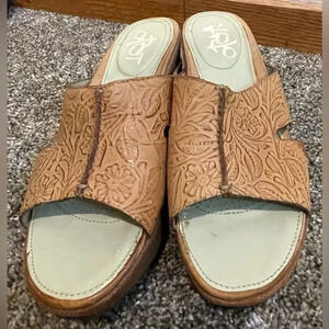 OTBT Hannibal Sandals Women Size 7M Platform Wedge Tooled Tan Leather.